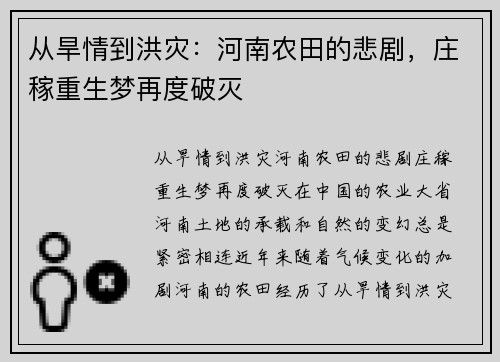 从旱情到洪灾：河南农田的悲剧，庄稼重生梦再度破灭