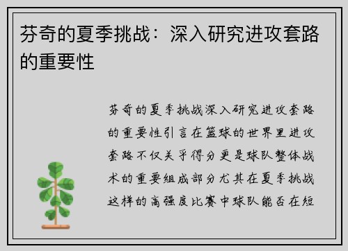 芬奇的夏季挑战：深入研究进攻套路的重要性