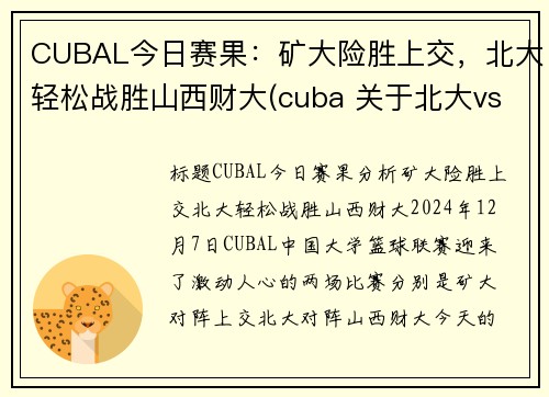 CUBAL今日赛果：矿大险胜上交，北大轻松战胜山西财大(cuba 关于北大vs矿大 声明)