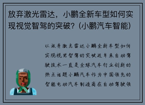 放弃激光雷达，小鹏全新车型如何实现视觉智驾的突破？(小鹏汽车智能)