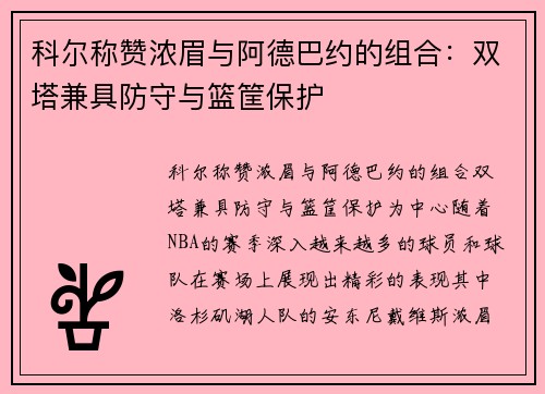 科尔称赞浓眉与阿德巴约的组合：双塔兼具防守与篮筐保护