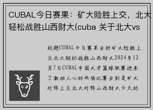 CUBAL今日赛果：矿大险胜上交，北大轻松战胜山西财大(cuba 关于北大vs矿大 声明)