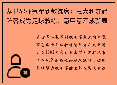 从世界杯冠军到教练席：意大利夺冠阵容成为足球教练，意甲意乙成新舞台