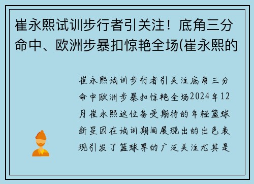 崔永熙试训步行者引关注！底角三分命中、欧洲步暴扣惊艳全场(崔永熙的比赛视频)