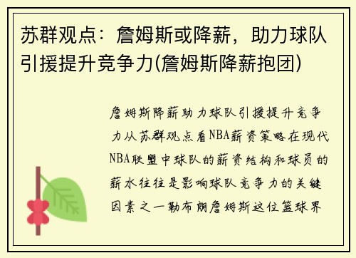 苏群观点：詹姆斯或降薪，助力球队引援提升竞争力(詹姆斯降薪抱团)