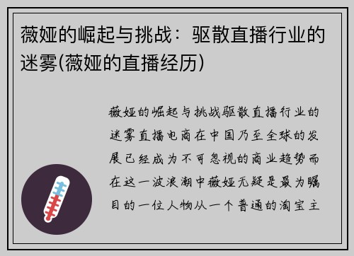 薇娅的崛起与挑战：驱散直播行业的迷雾(薇娅的直播经历)